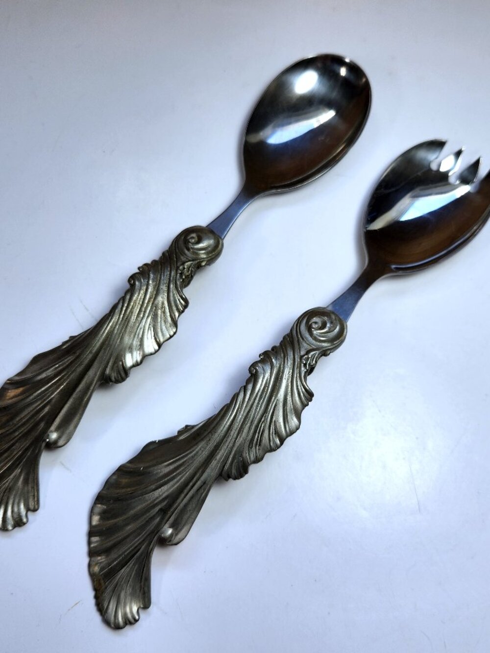 Seagull Pewter Salad Servers Set 1994 Canada Sheffield England Feather Spoon